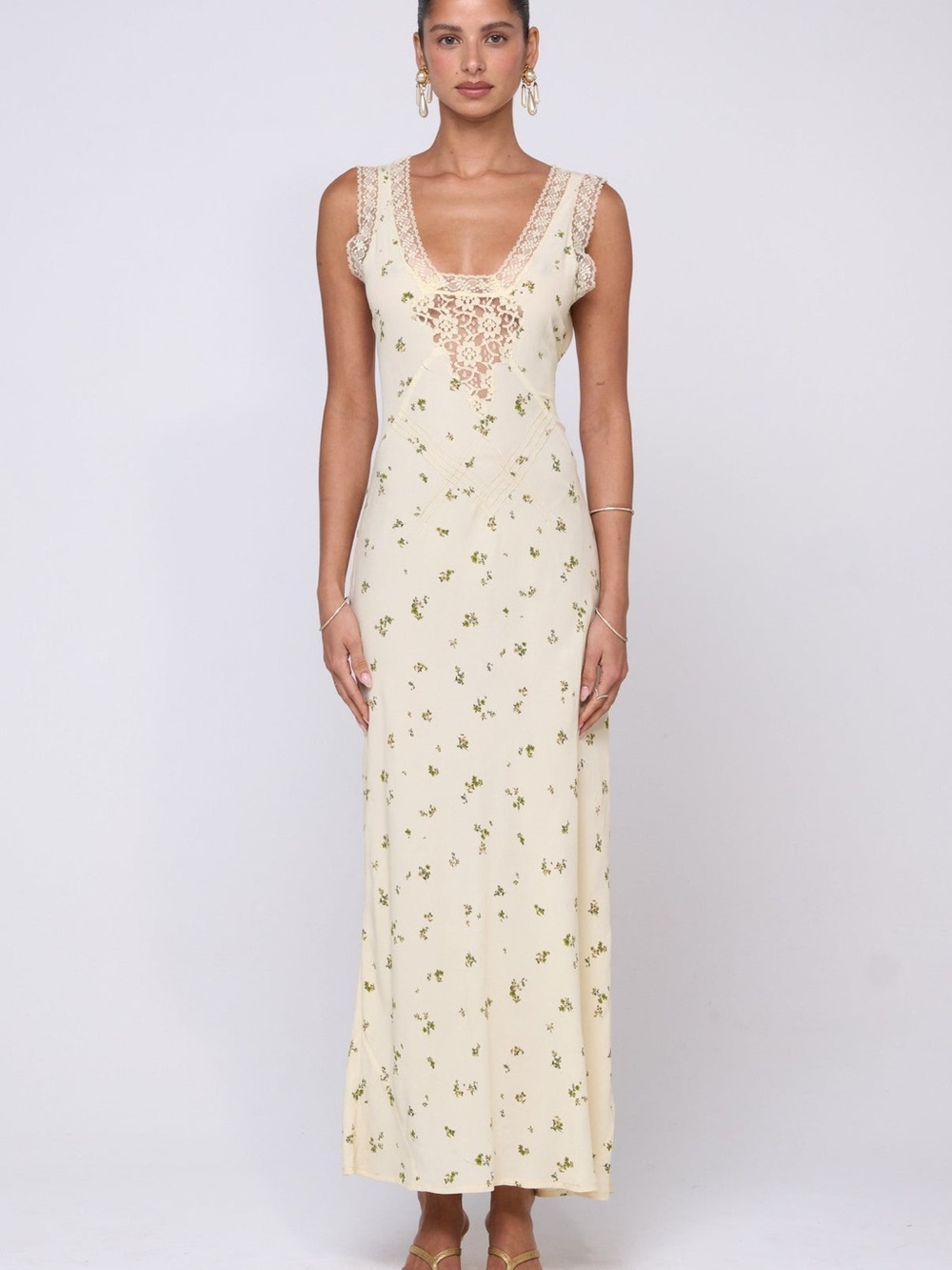 RESA Cream Maxi Dress with Green Floral Print and Lace